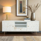 Mueble multimedia Madeline Design con incrustaciones de hueso, blanco | Mueble de entretenimiento Madeline Design con incrustaciones de hueso, blanco